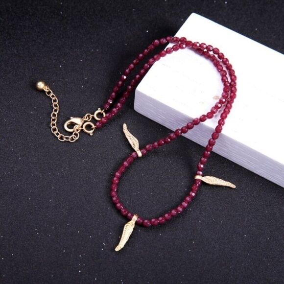 Red Beaded Abstract Rhinestone Vintage Gold Layered Pendant Necklace - Picture 5 of 8